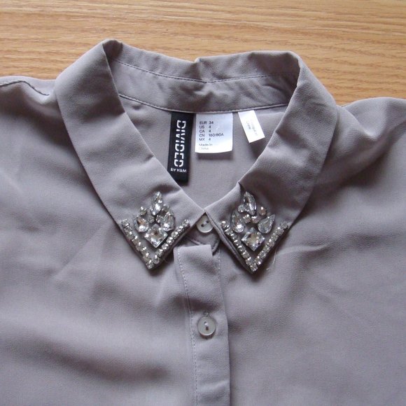 2/$25 | H&M Divided Semi-Sheer Rhinestone Collared Blouse - Picture 1 of 5